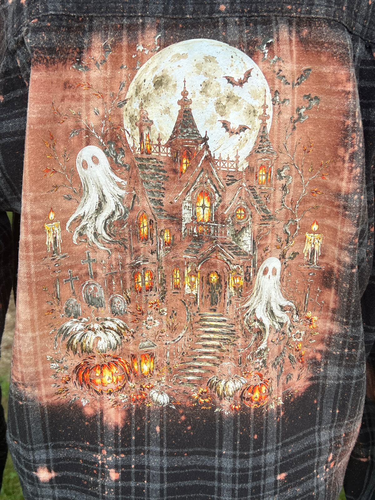 Upcycled Flannel - Spooky Haunted House Bleach Art