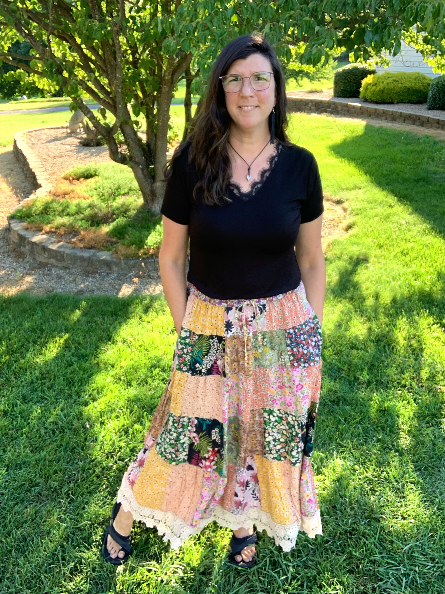 Patchwork Tiered Lace Trimmed Skirt w/ POCKETS