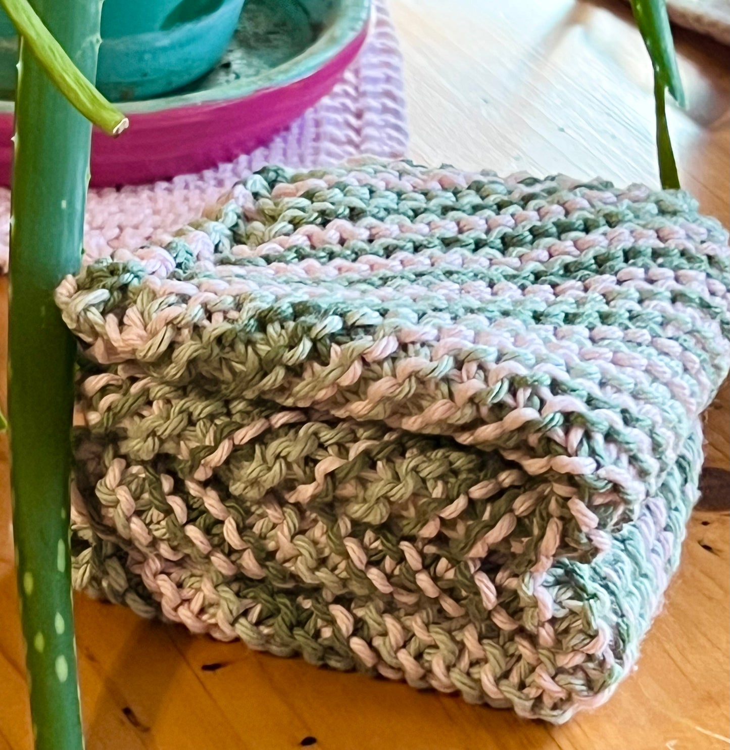 Pink Camo 100% Cotton Hand Knit Dish Cloth