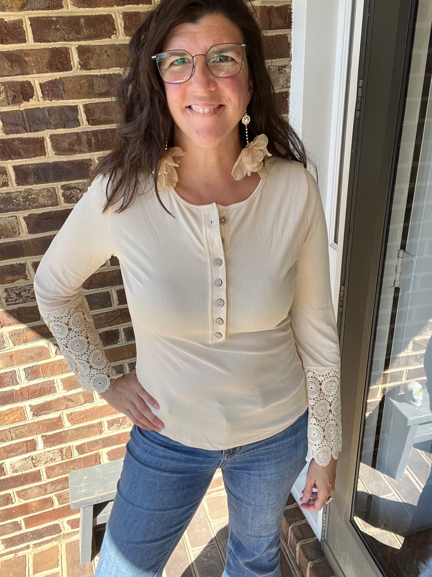 Lace Sleeve Button Front Top