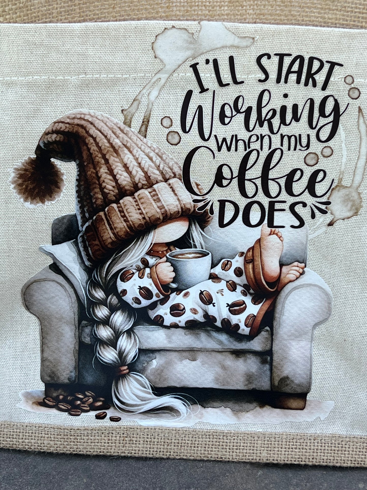 Custom Made Gnome Coffee Jute & Canvas Tote