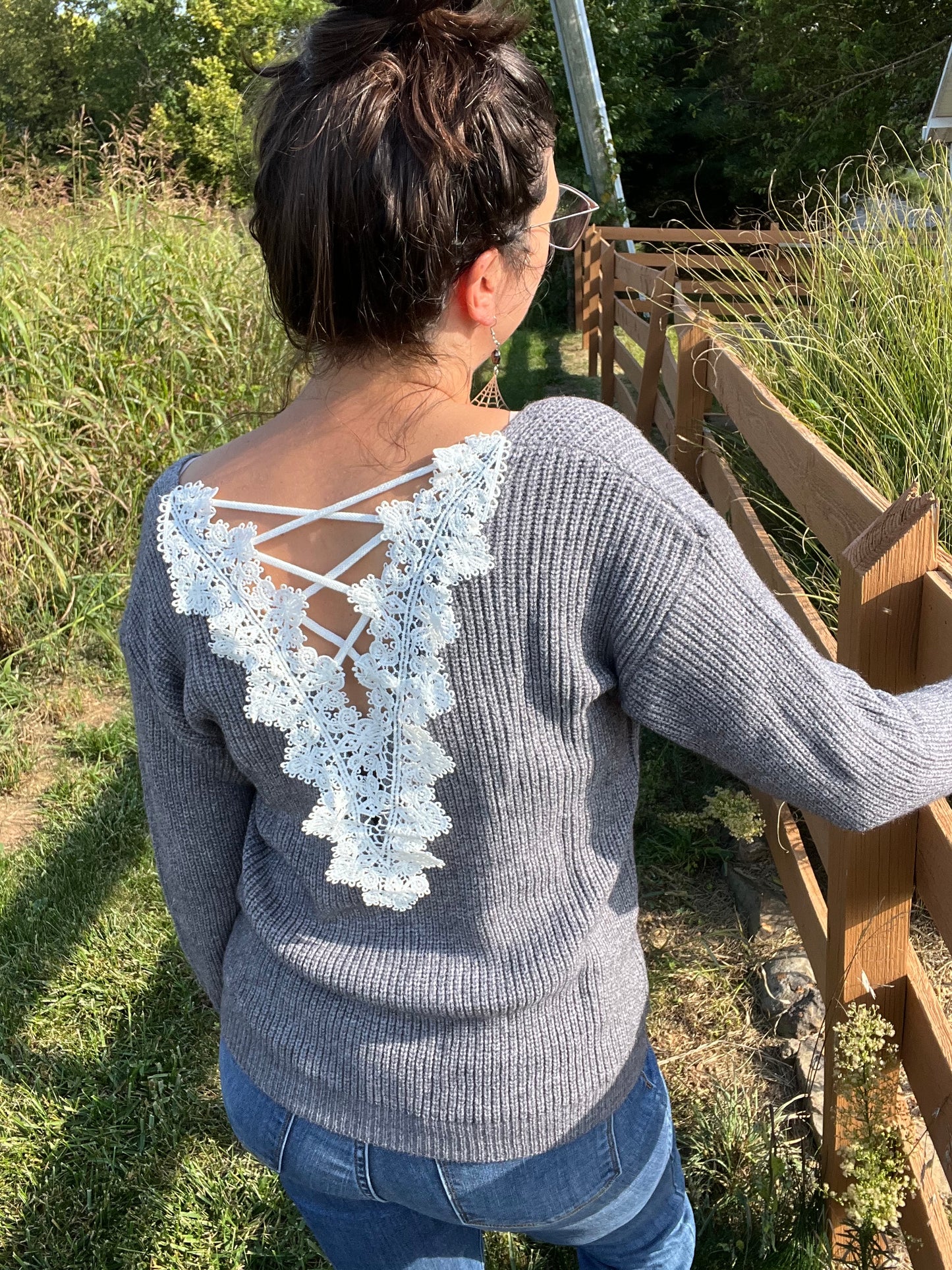 Crisscross Lace V-Neck Long Sleeve Sweater