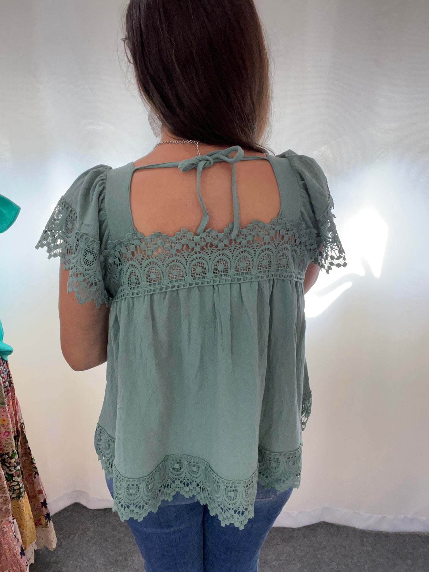Square Neck Deep Sage Lace Blouse