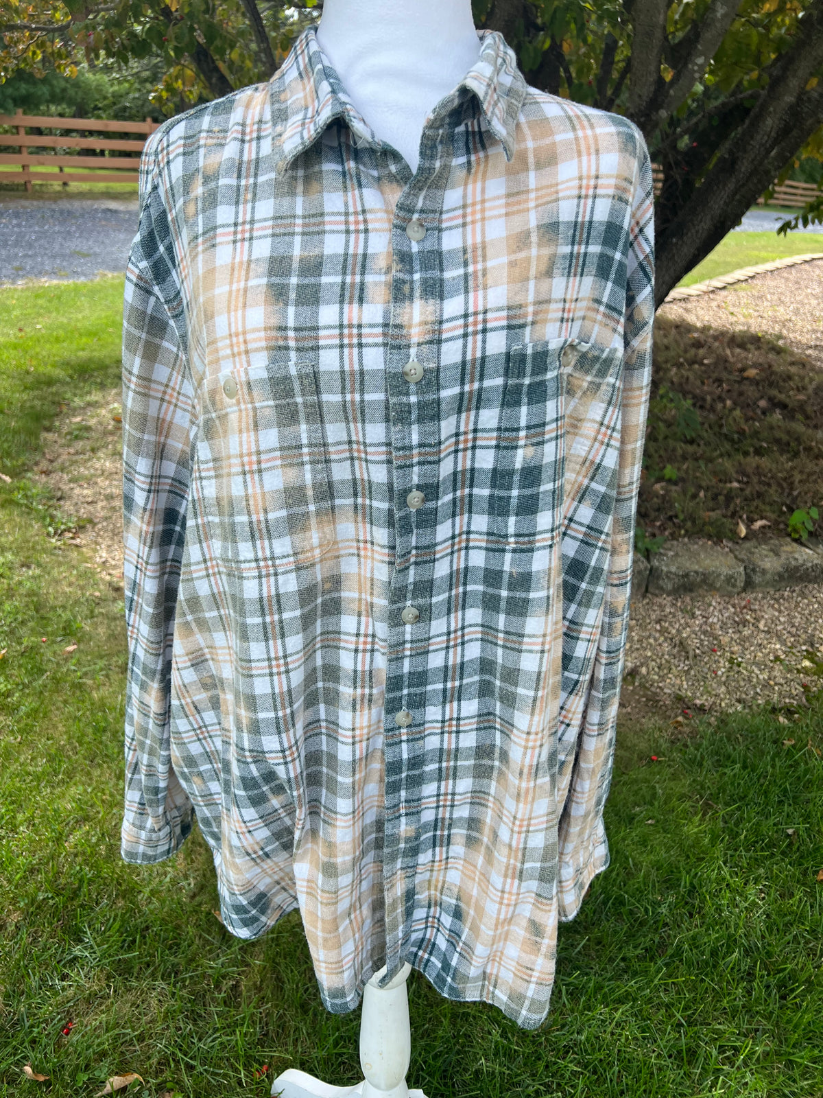 Upcycled Flannel Fall Floral Leopard Pumpkin Bleach Art - Men’s 2XL