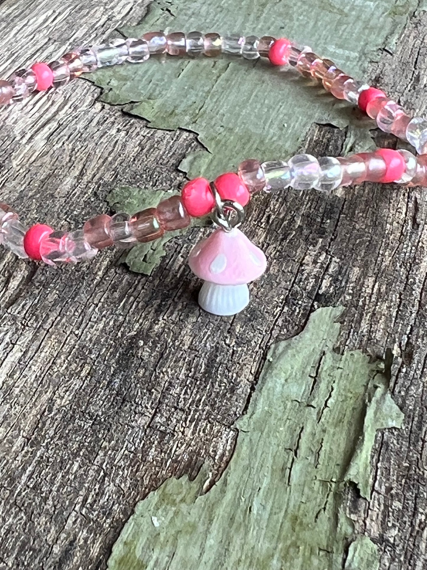 Handmade Pink & White Mushroom Anklet - Medium