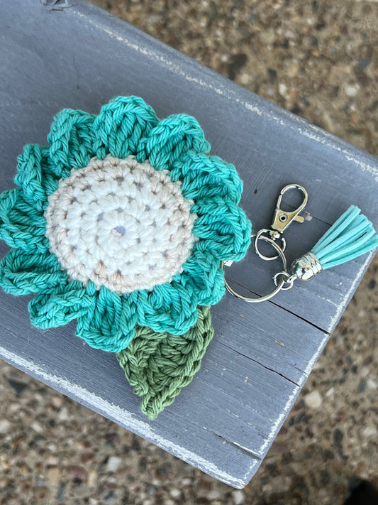 Turquoise & White Cotton Crochet Daisy Keychain