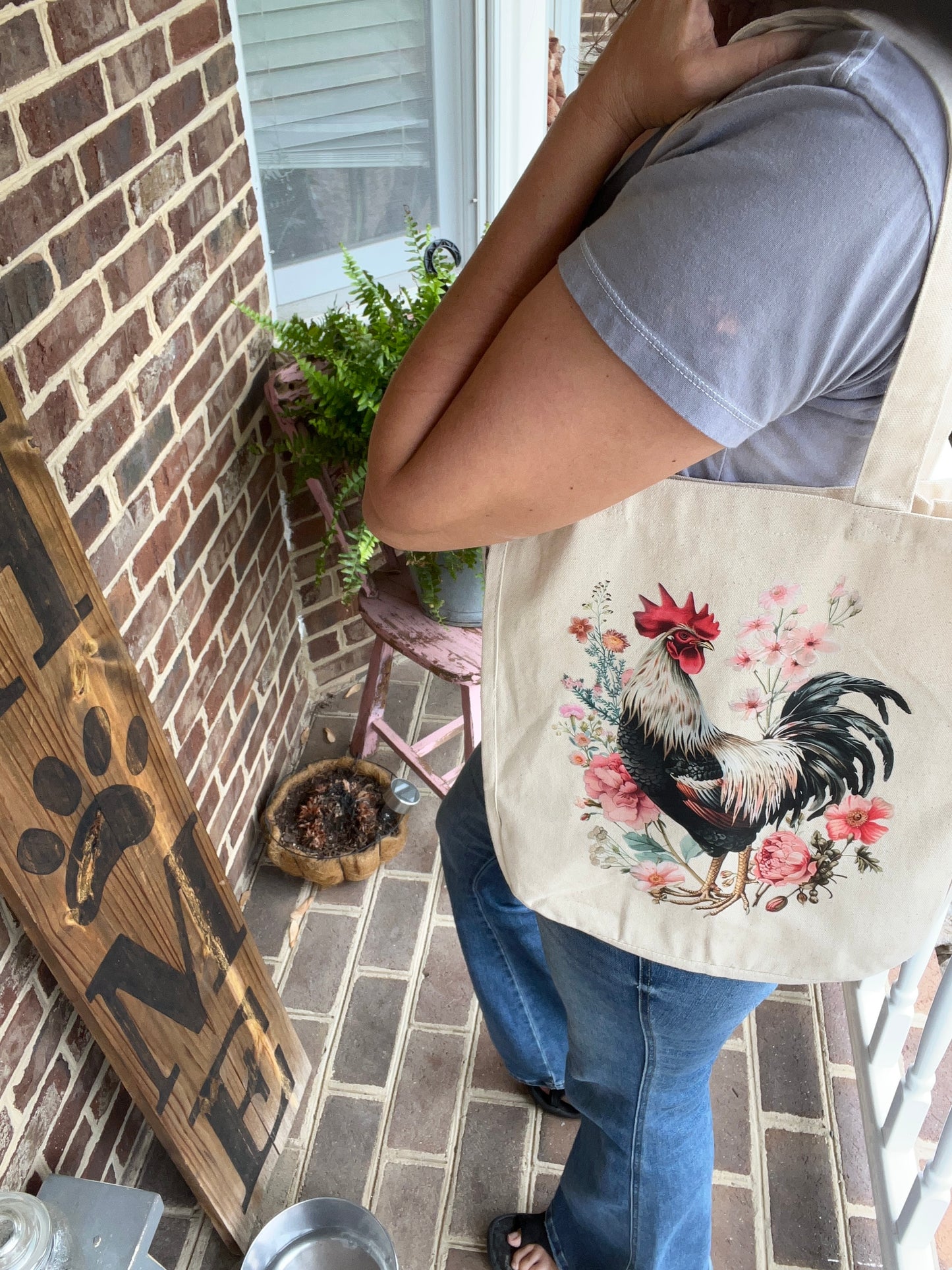 Chicken Lovers Rooster Floral Canvas Tote