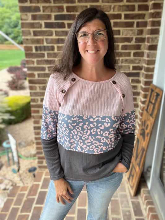 Leopard Grey & Pink Button Sweater