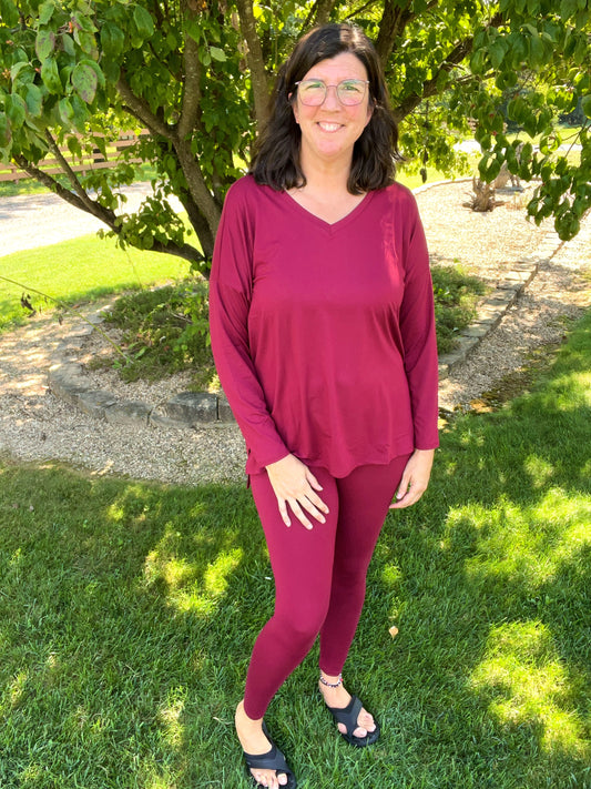 Zenana Cabernet Long Sleeve Top & Legging Set - Super Soft Microfiber