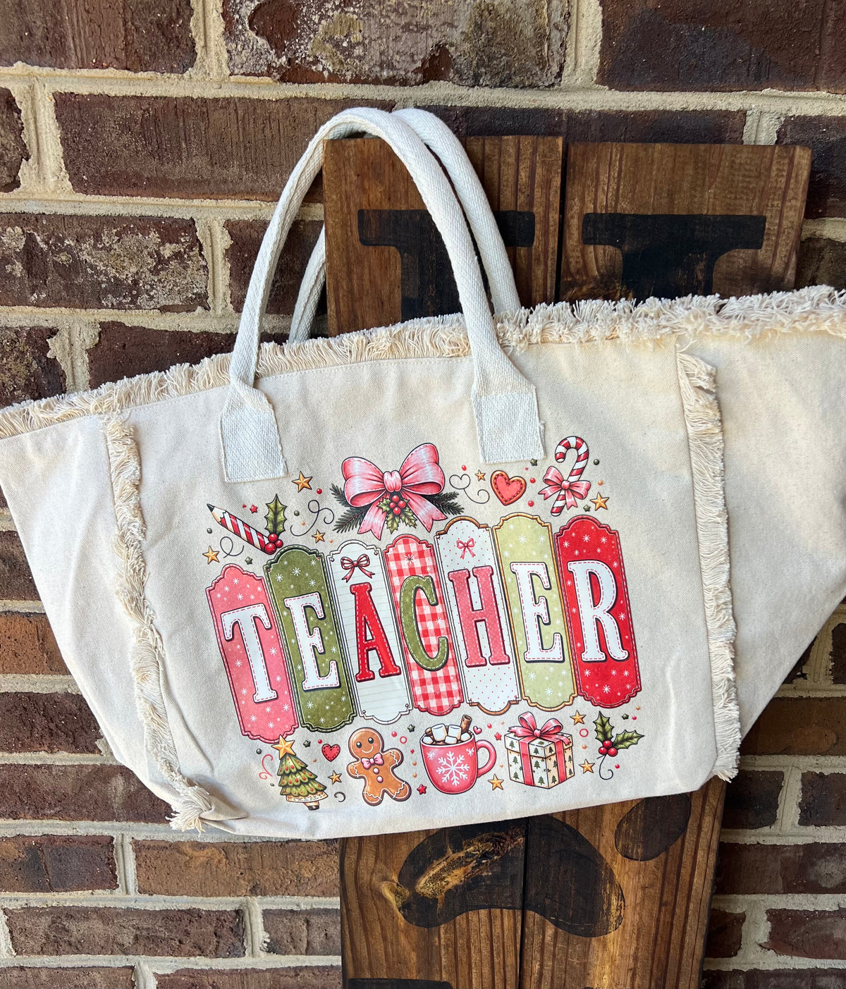 Holiday Fringe Canvas Teacher Tote Bag