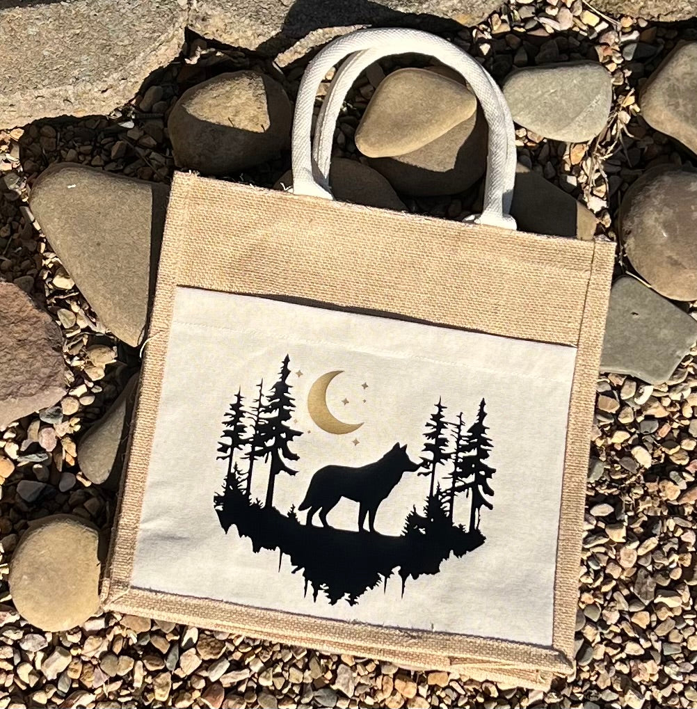 Wolf Lovers Jute & Canvas Tote