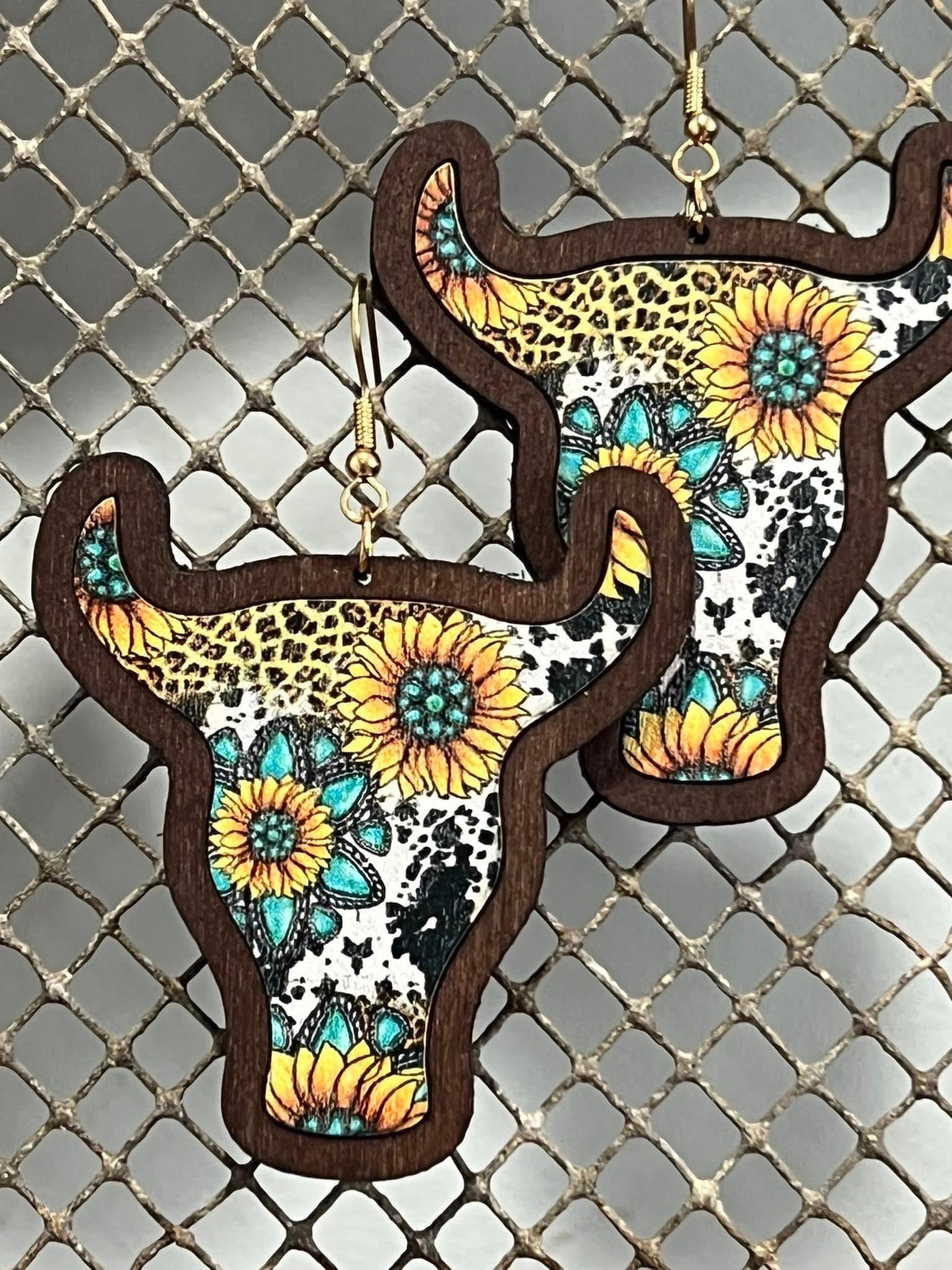 Wooden Sunflower Cow Earrings
