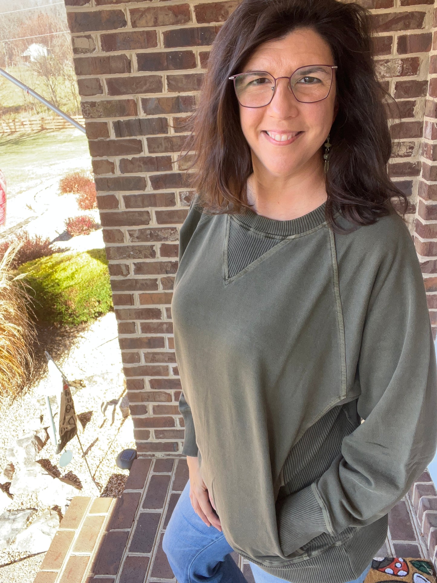 Zenana French Terry Olive Pigment Dyed Sweatshirt w/ POCKETS