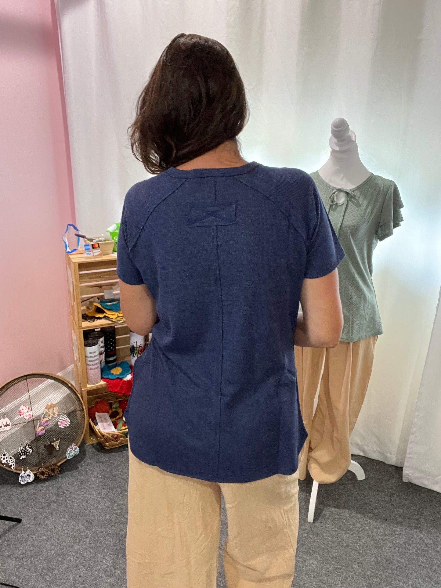 Zenana Melange Waffle Navy Top - Navy