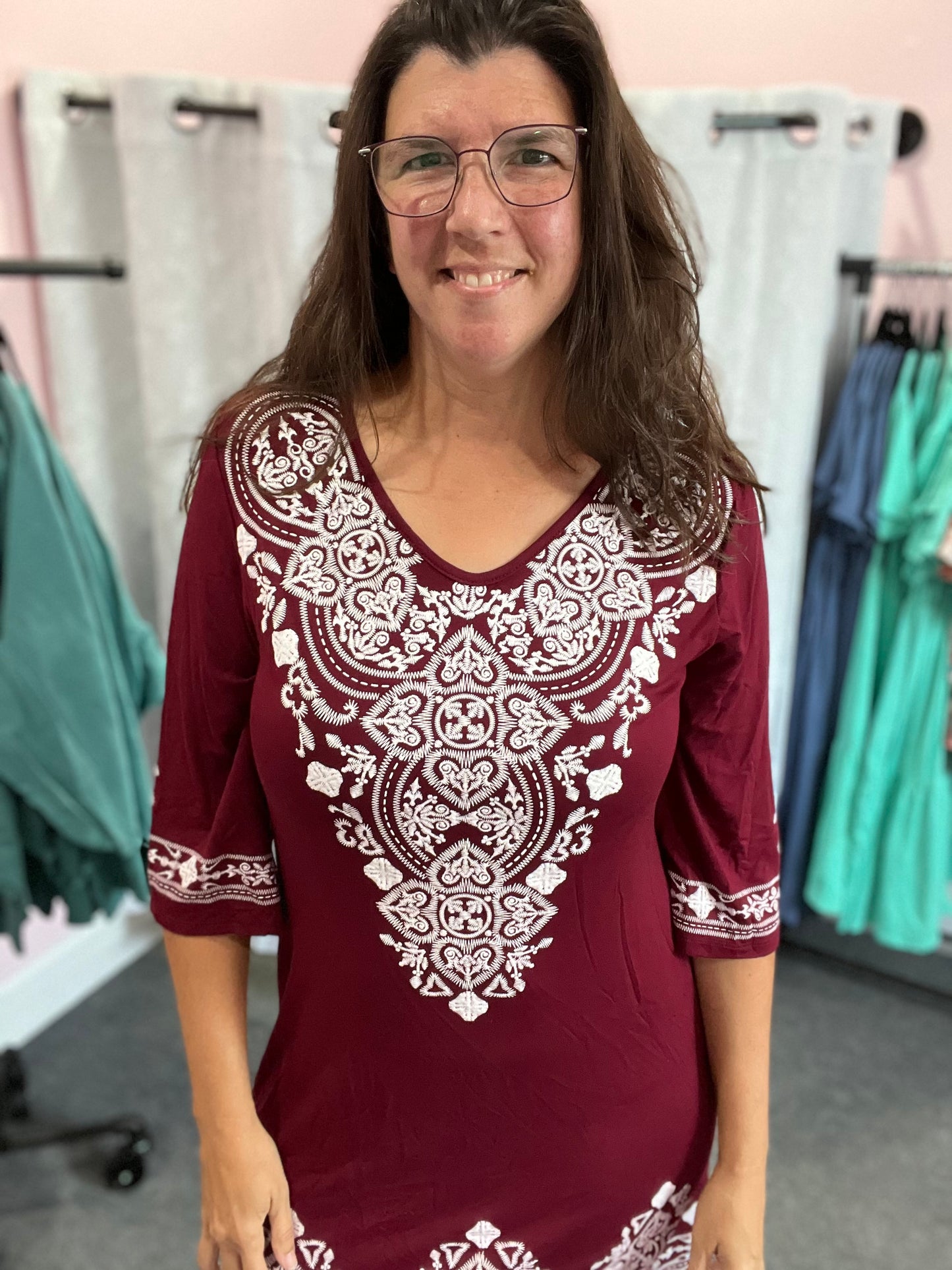 Burgundy Damask 3/4 Sleeve Dress w/ POCKETS In Stock
