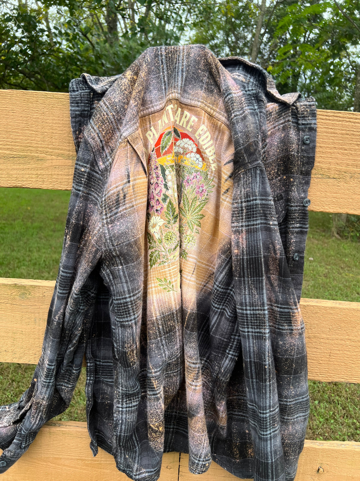 Upcycled Flannel - All Plants Are Edible Some Only Once Bleach Art - Men’s Medium
