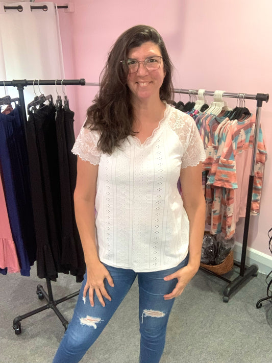 Lace Pointelle V neck Romantic Top