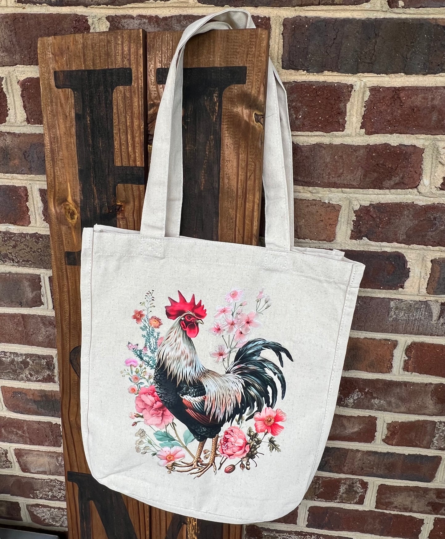 Chicken Lovers Rooster Floral Canvas Tote