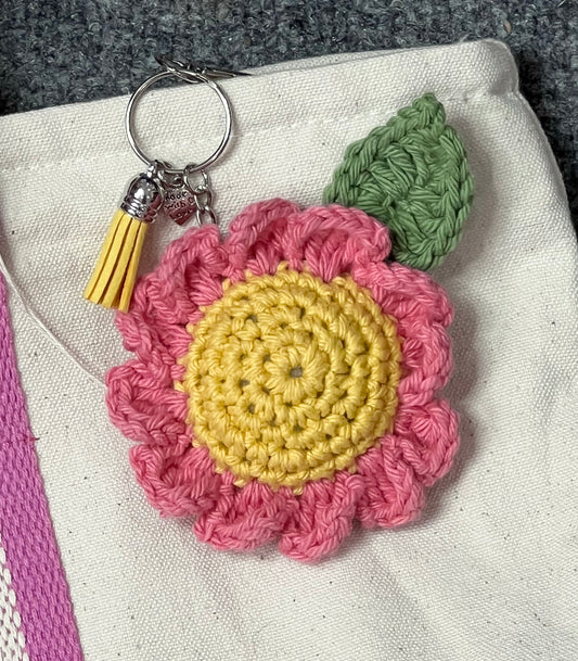 Pink & Yellow Cotton Crochet Daisy Keychain