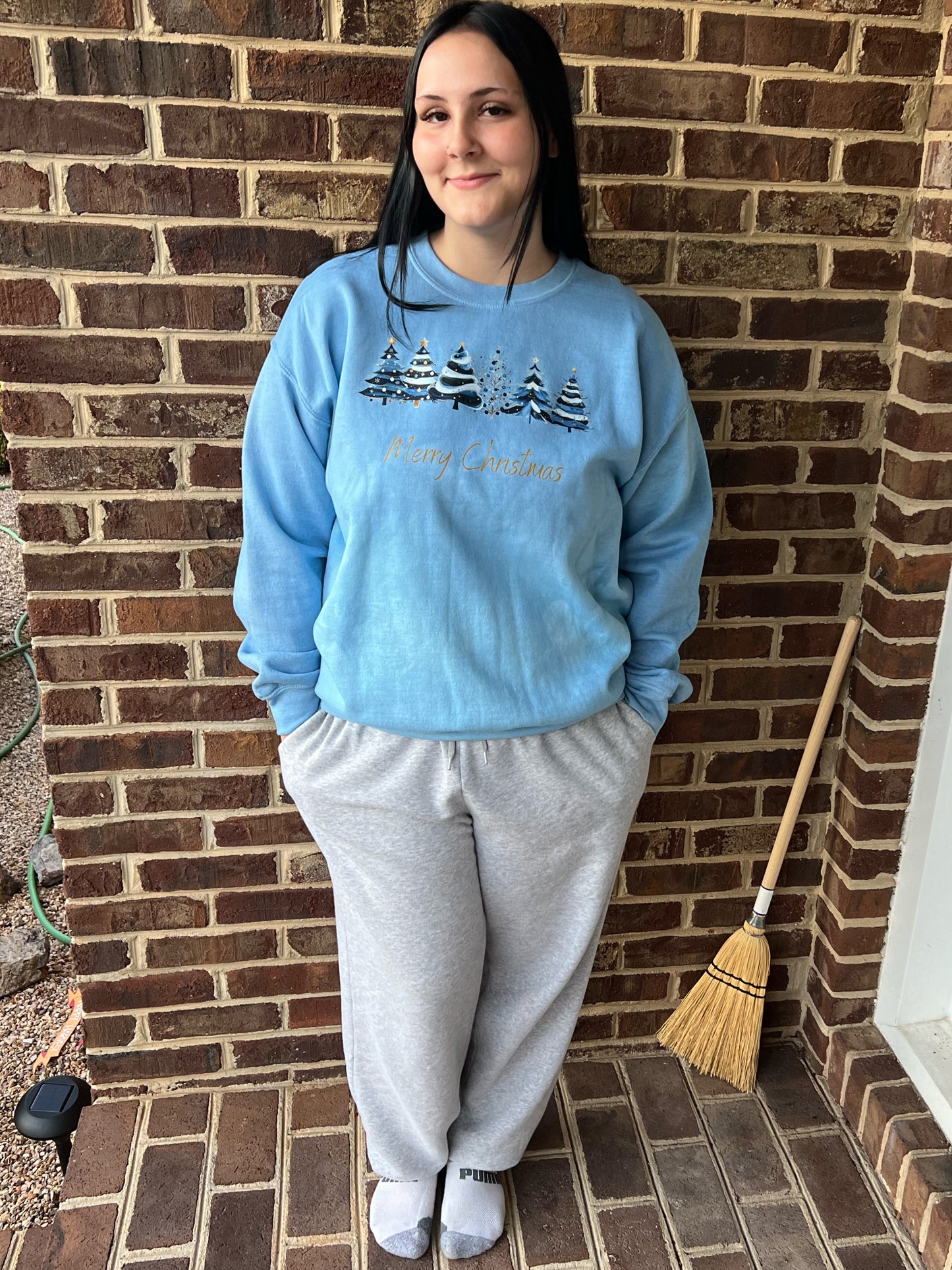 Christmas Sweatshirt- Hand Dyed - Merry Christmas w/ Blue Trees