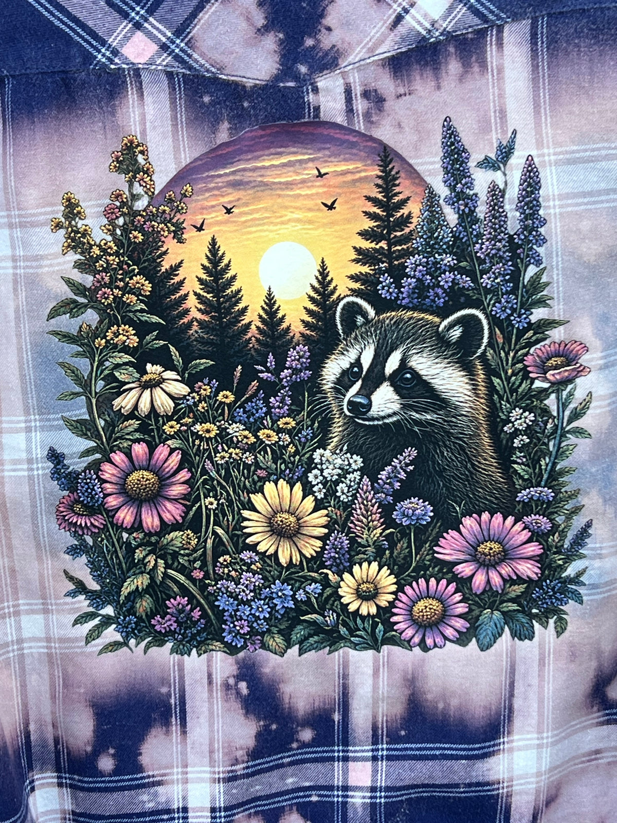 Raccoon Relaxing Sunset Wildflowers Upcycled Flannel - Women’s Medium