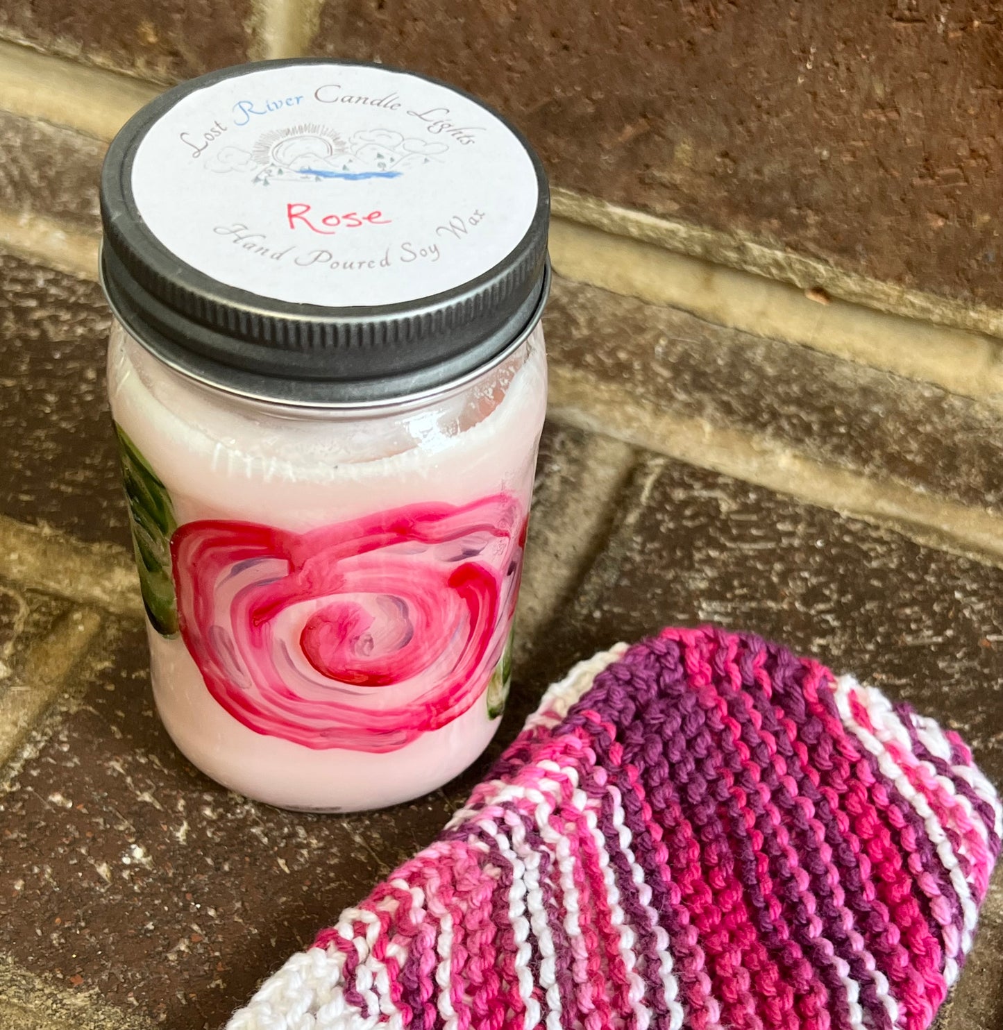 Rose Scented Soy Candle in Stained Glass Style Hand Painted Jar