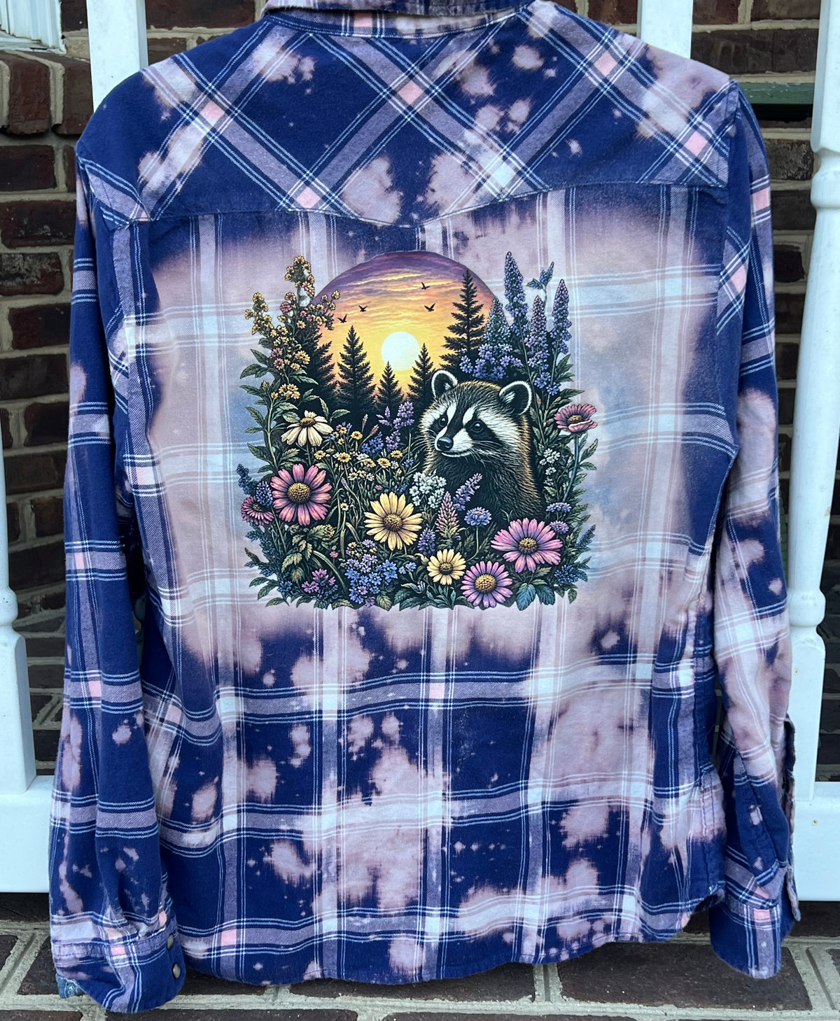 Raccoon Relaxing Sunset Wildflowers Upcycled Flannel - Women’s Medium