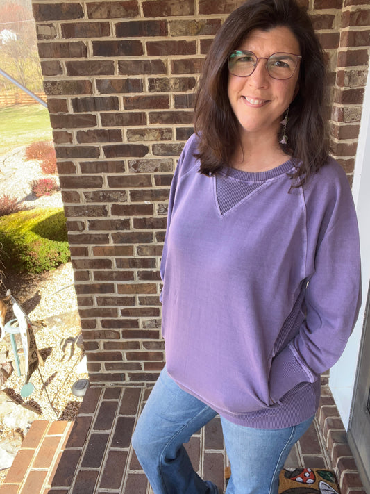 Zenana French Terry Grey Lilac Pigment Dyed Sweatshirt w/ POCKETS