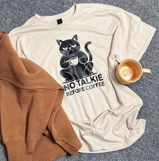 No Talkie Before Coffee - Cotton Unisex Cat & Coffee Lovers T-Shirt