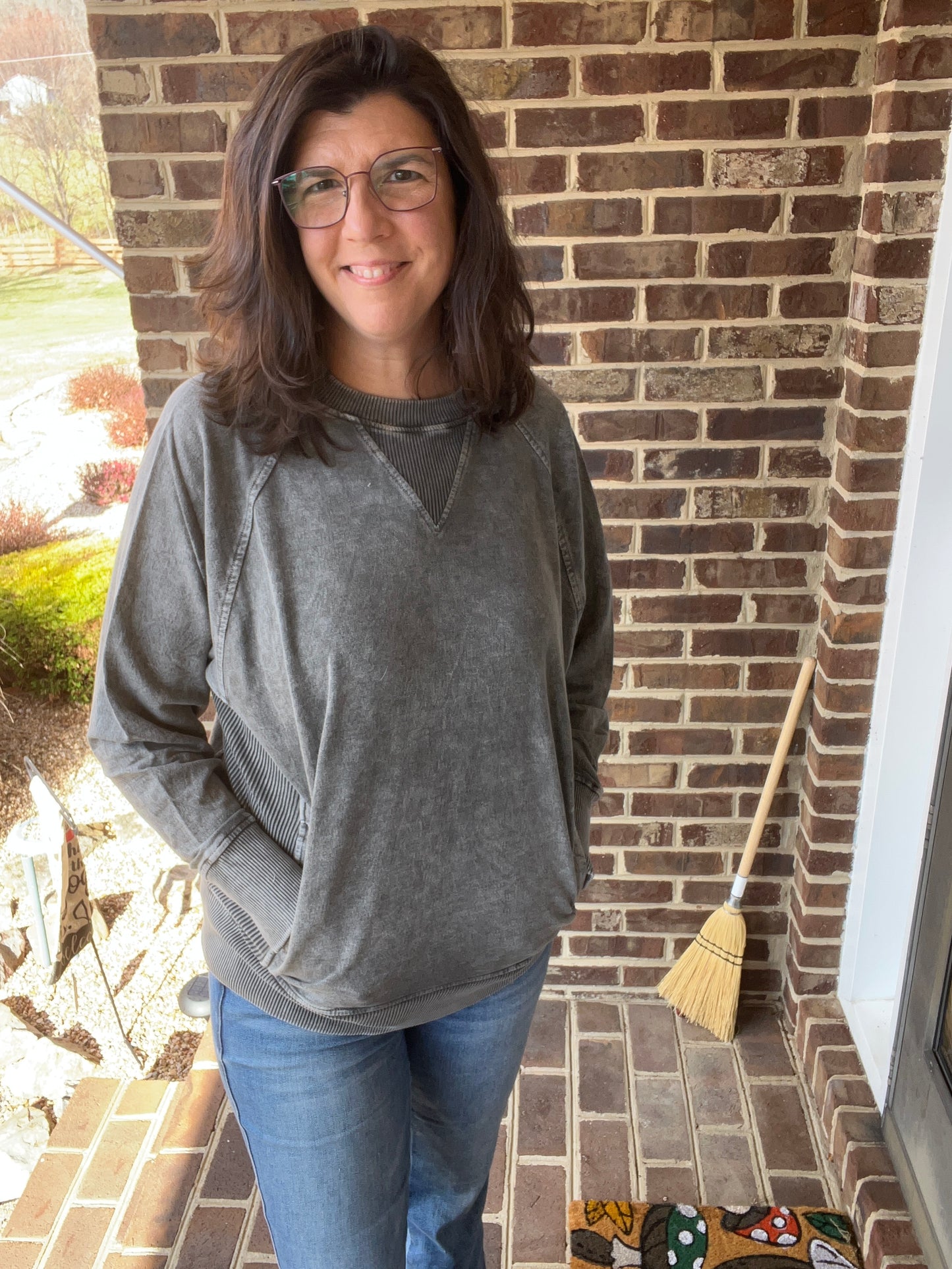 Zenana French Black/Grey Acid Wash Sweatshirt w/ POCKETS