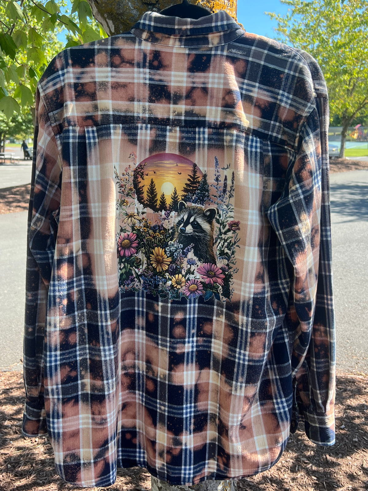 Upcycled Flannel - Sweet Raccoon Bleach Art