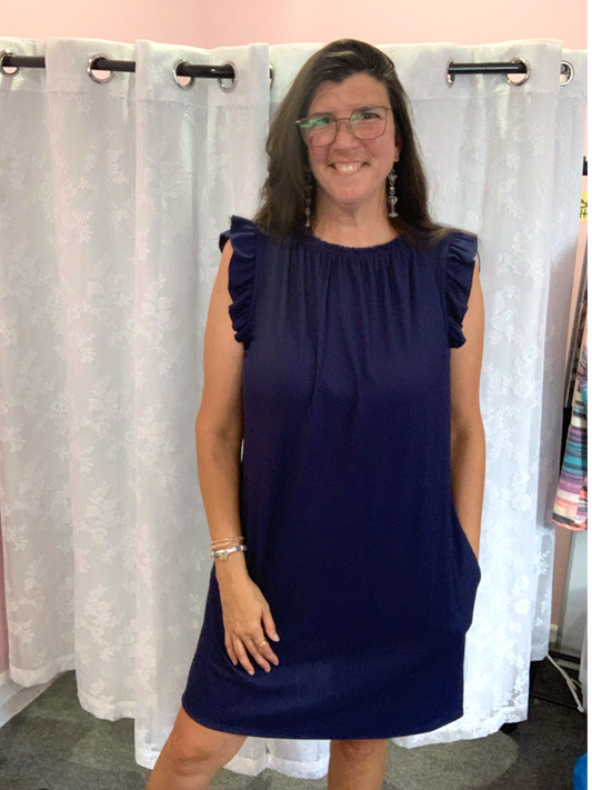 Navy Flutter Sleeve Dress In Stock