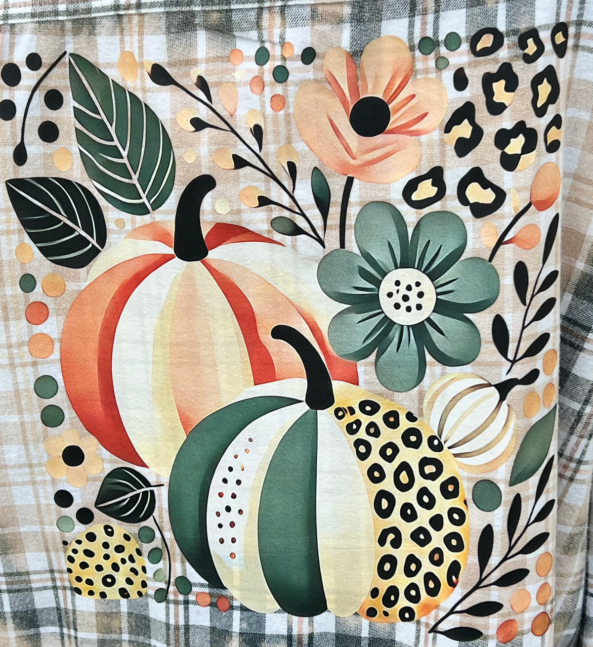 Upcycled Flannel Fall Floral Leopard Pumpkin Bleach Art - Men’s 2XL