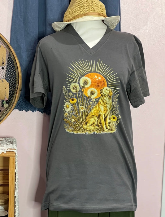 Sunny Golden Retriever Handmade V-neck T-Shirt - M