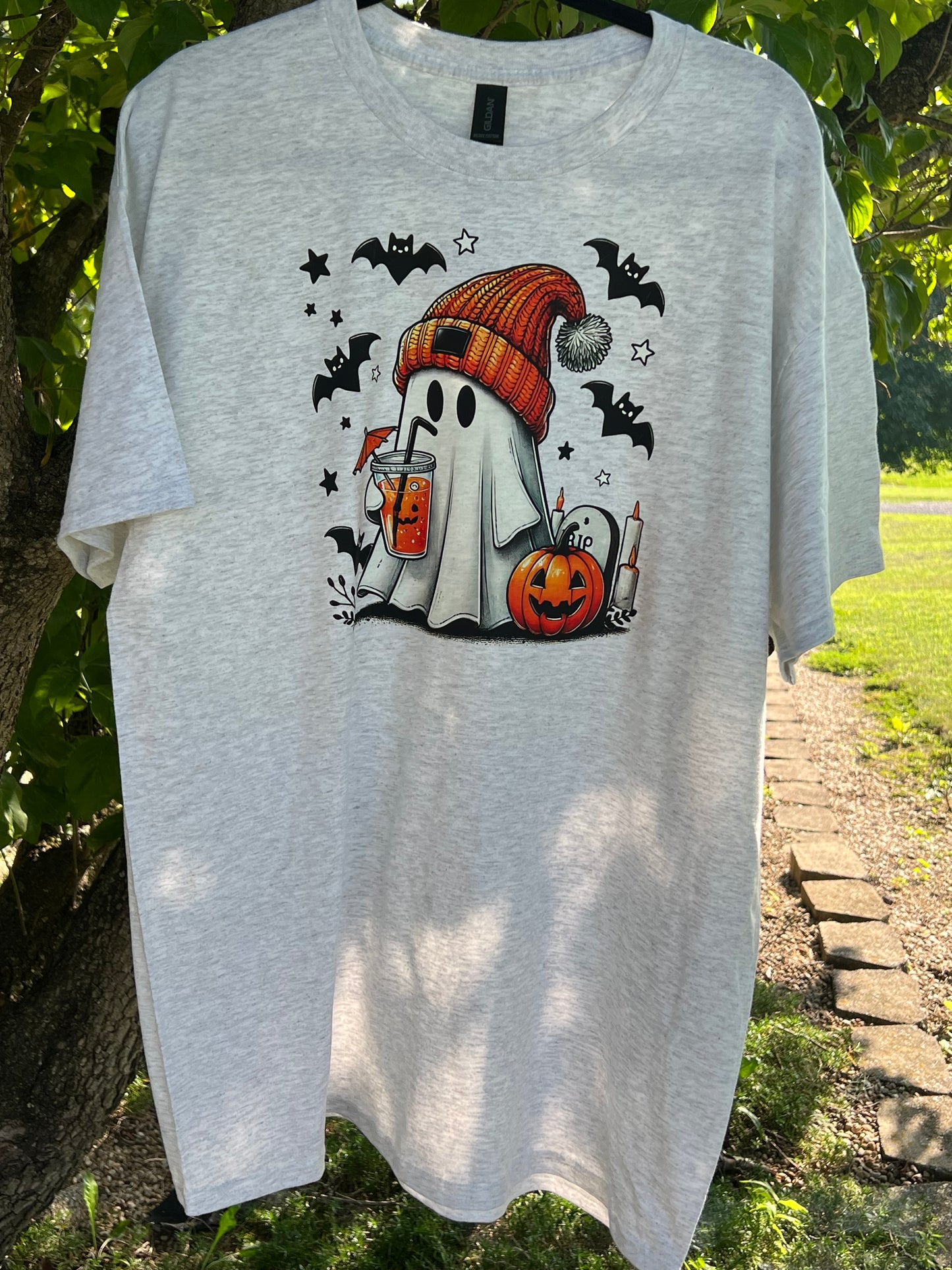 Coffee Drinking Halloween Ghost Handmade T-Shirt