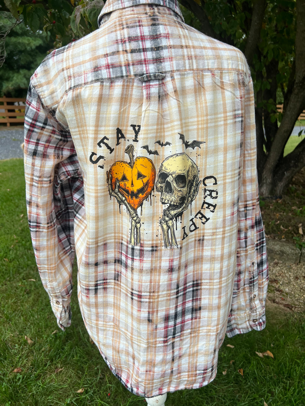 Upcycled Flannel -  Stay Creepy Bleach Art