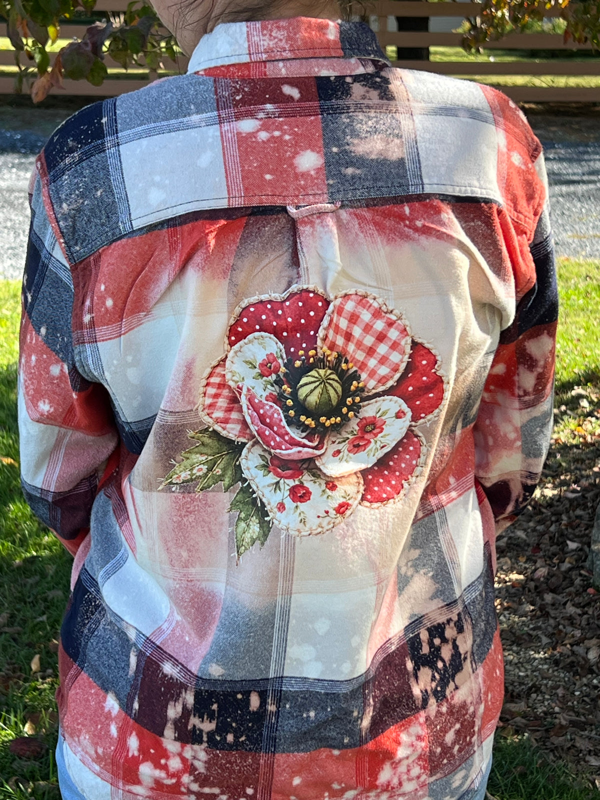 Upcycled Flannel -  Poppy Flower Bleach Art - Men’s Large Unisex