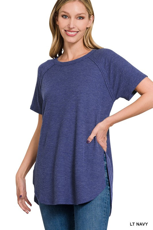 Zenana Melange Waffle Navy Top - Navy