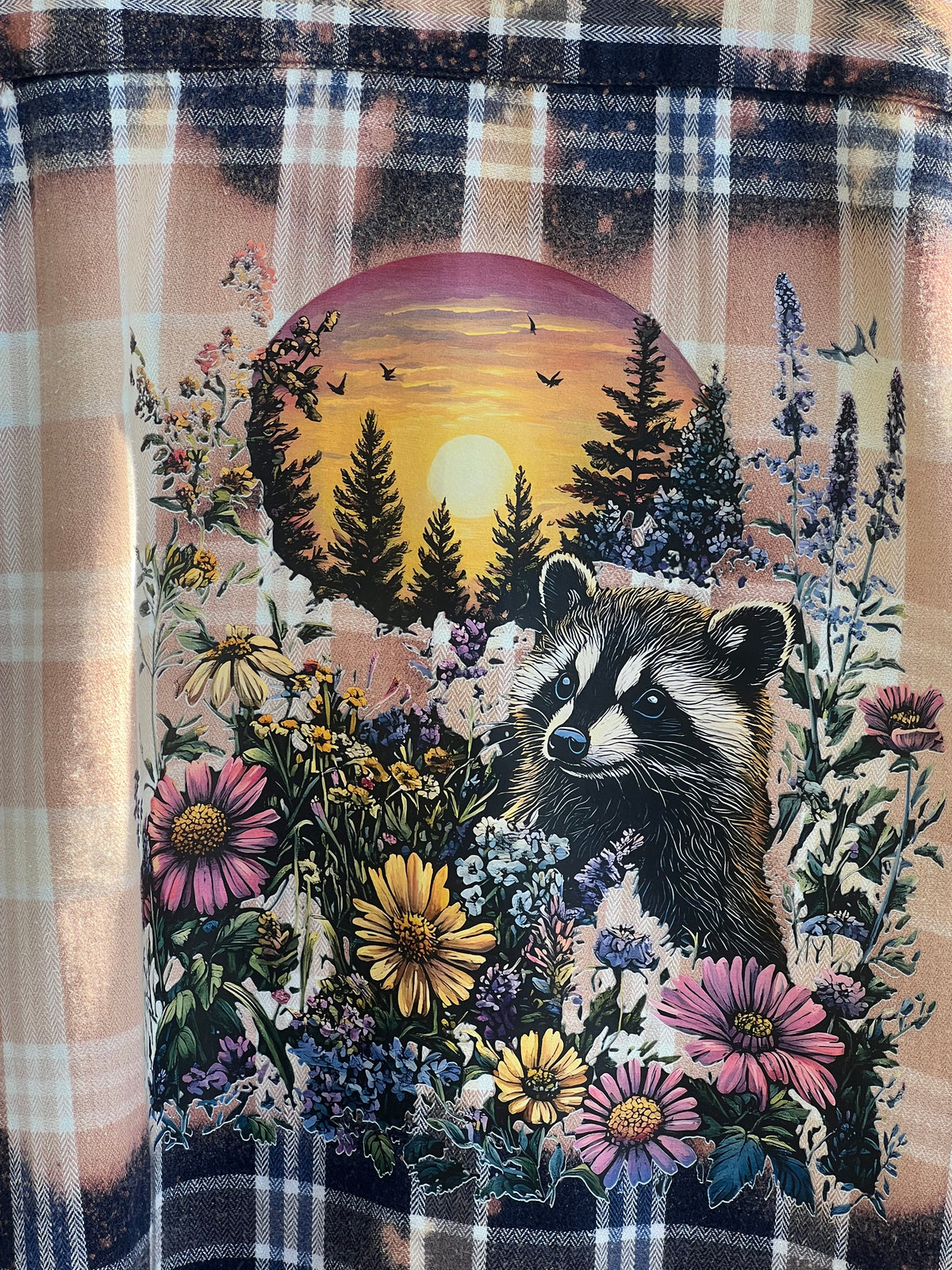Upcycled Flannel - Sweet Raccoon Bleach Art