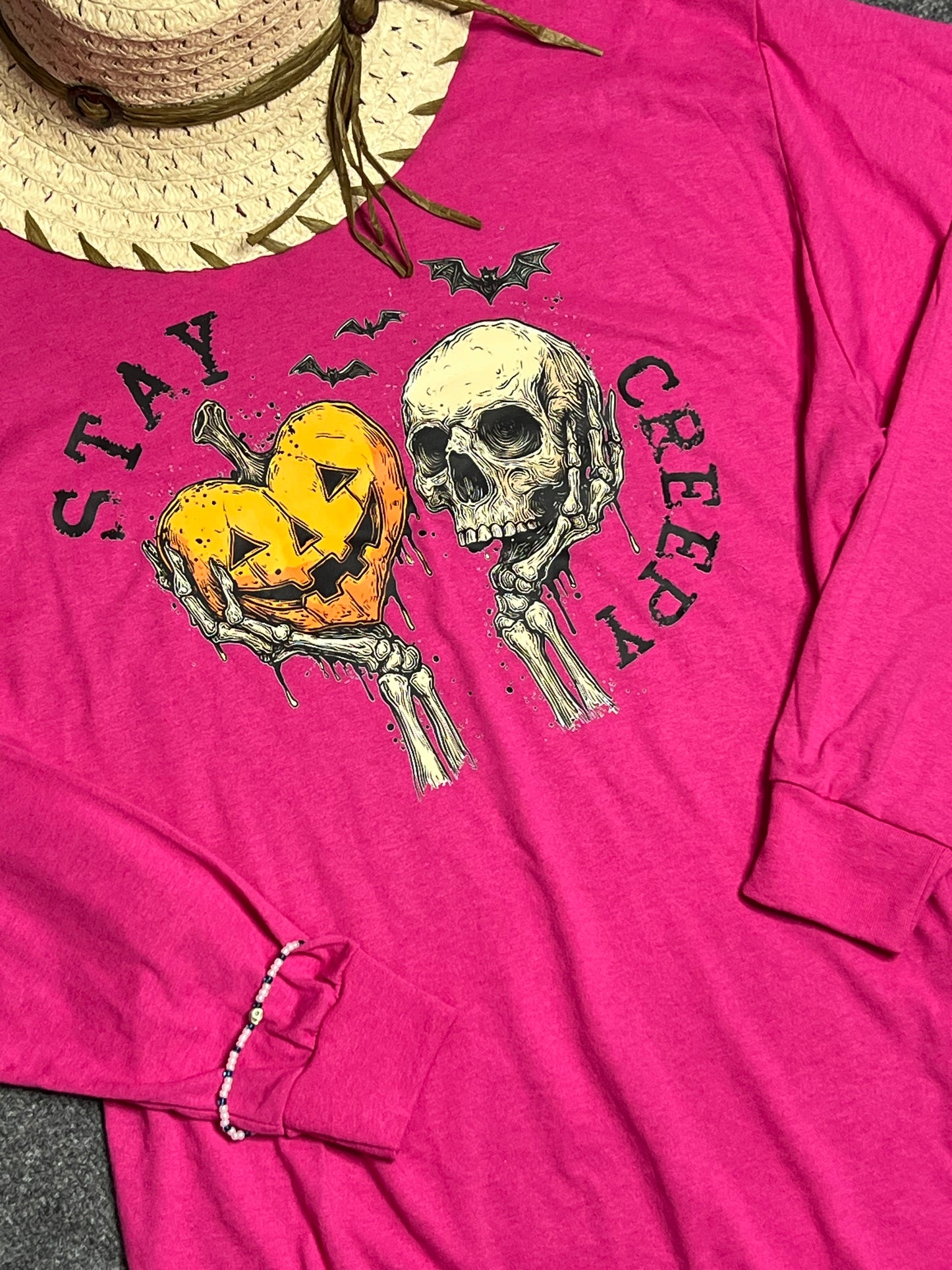 Stay Creepy Jack-O-Lantern & Skull Handmade Long Sleeve T-Shirt Pink
