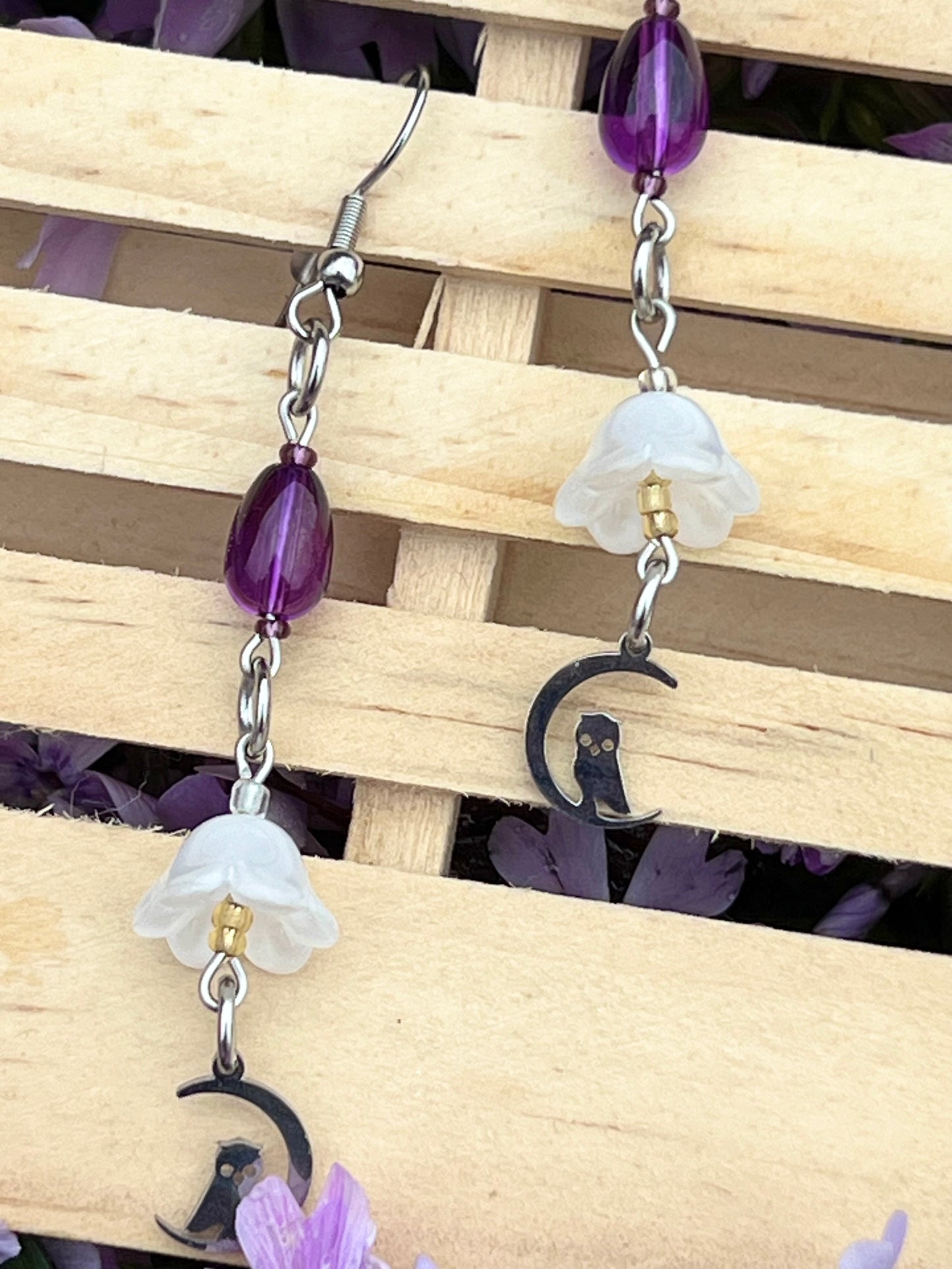 Handmade Earrings White Flowers & Owls