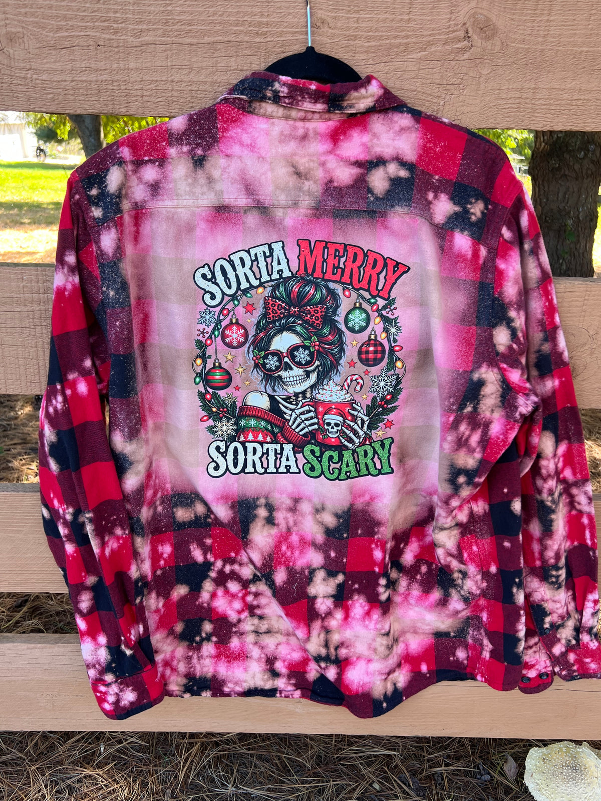 Sorta Merry Sorta Scary Upcycled Bleach Art Flannel - Mens XL TALL Unisex