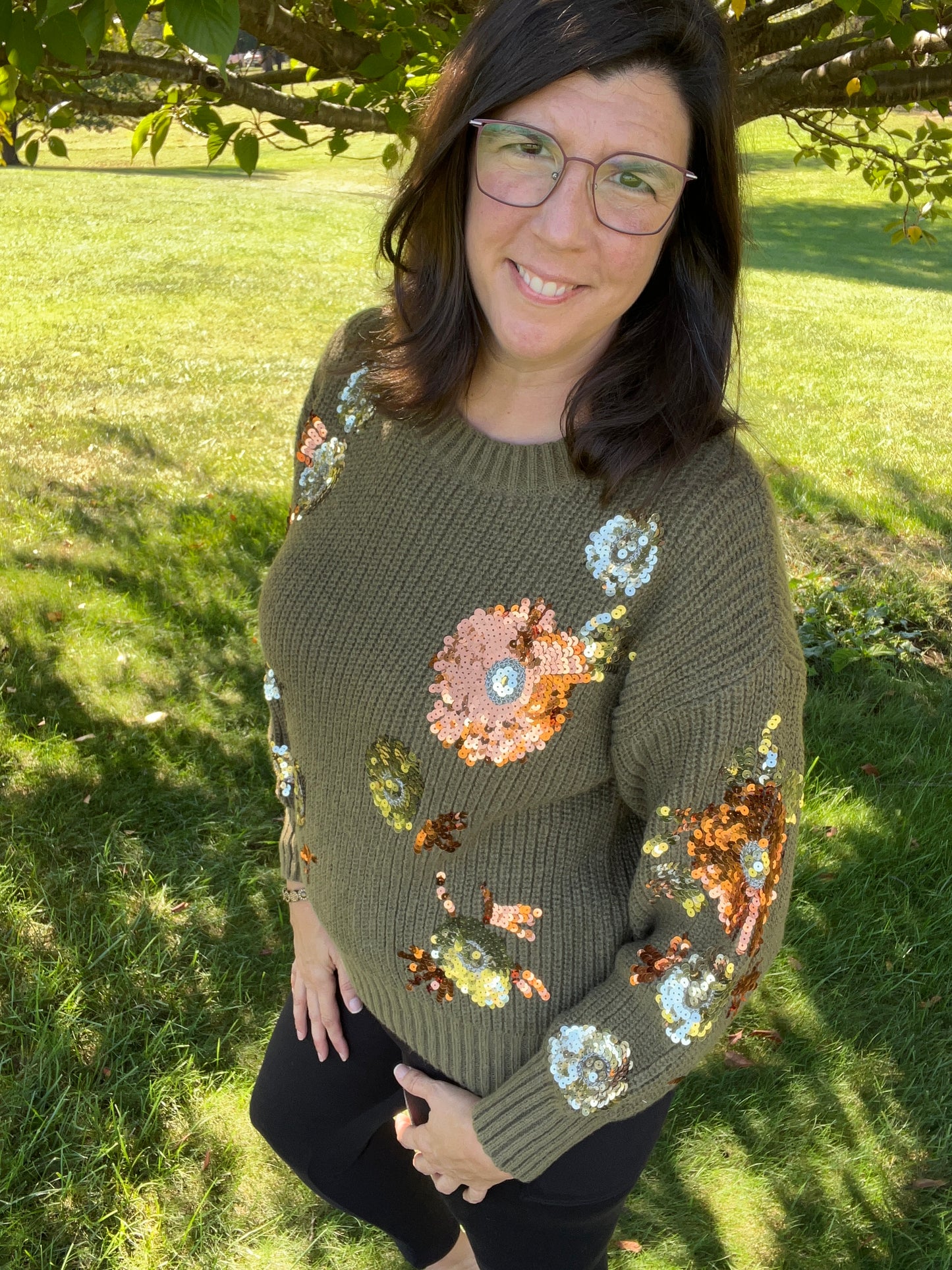 Bibi Floral Sequins Olive Sweater