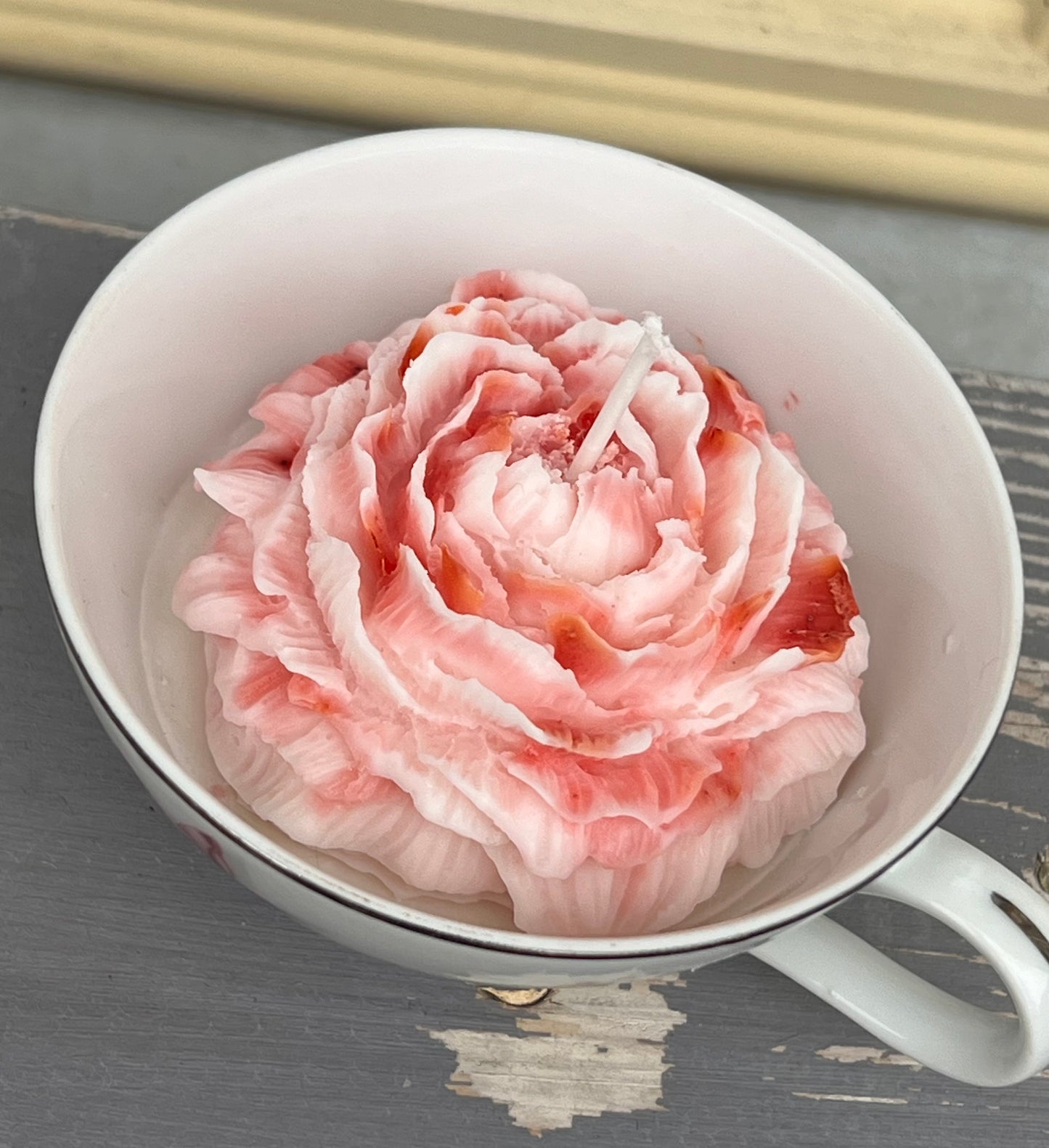Peppermint Tea Cup Soy Candle w/ 3D Peony Flower