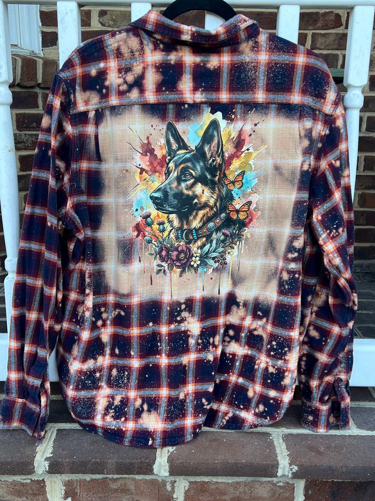 Artsy German Shepherd Dog Upcycled Bleach Art Flannel - Men’s XL Unisex