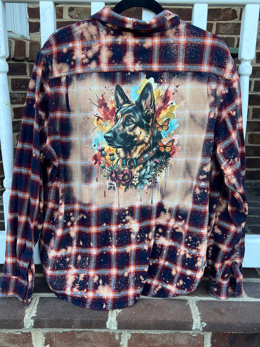 Artsy German Shepherd Dog Upcycled Bleach Art Flannel - Men’s XL Unisex
