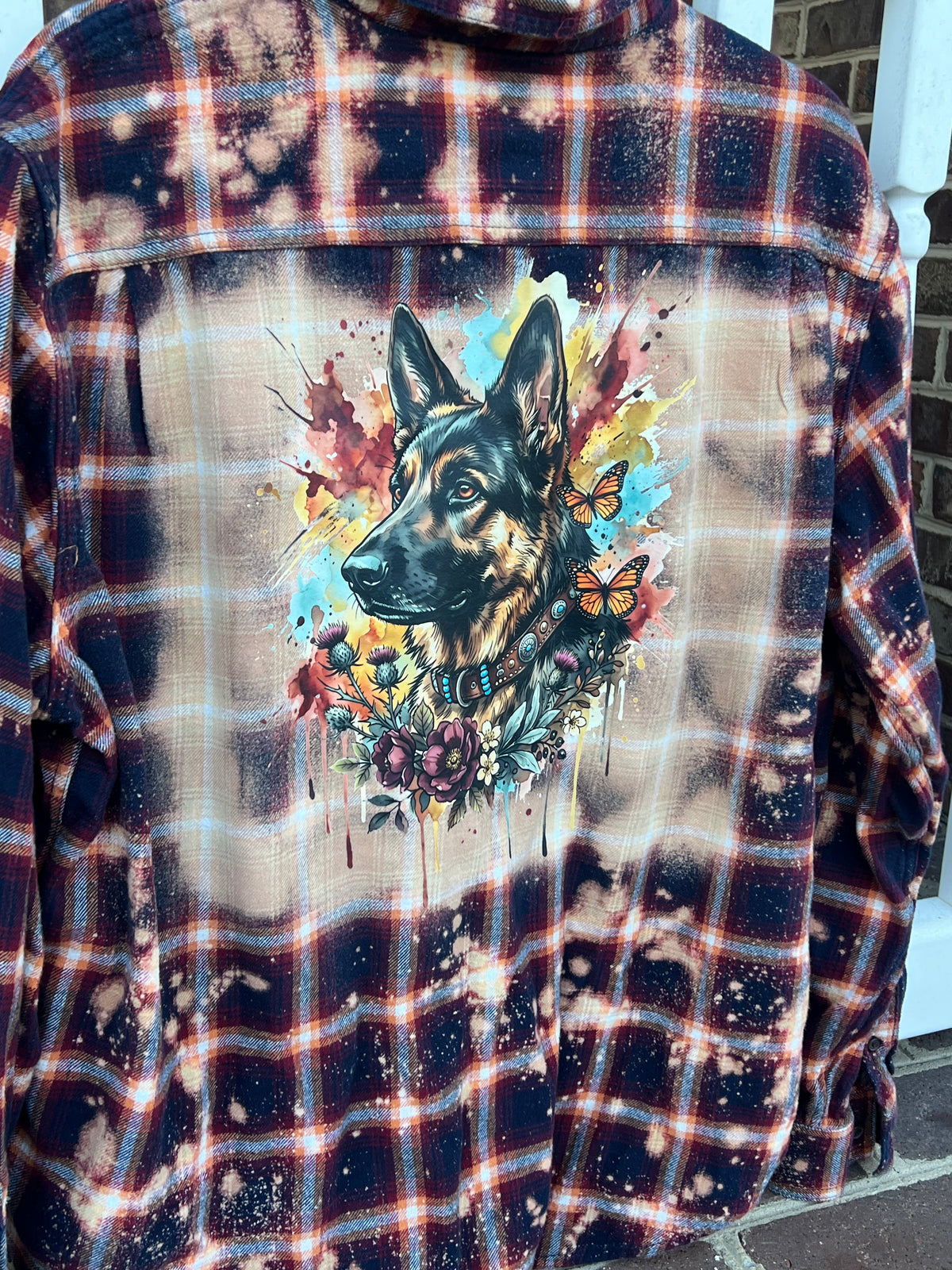 Artsy German Shepherd Dog Upcycled Bleach Art Flannel - Men’s XL Unisex