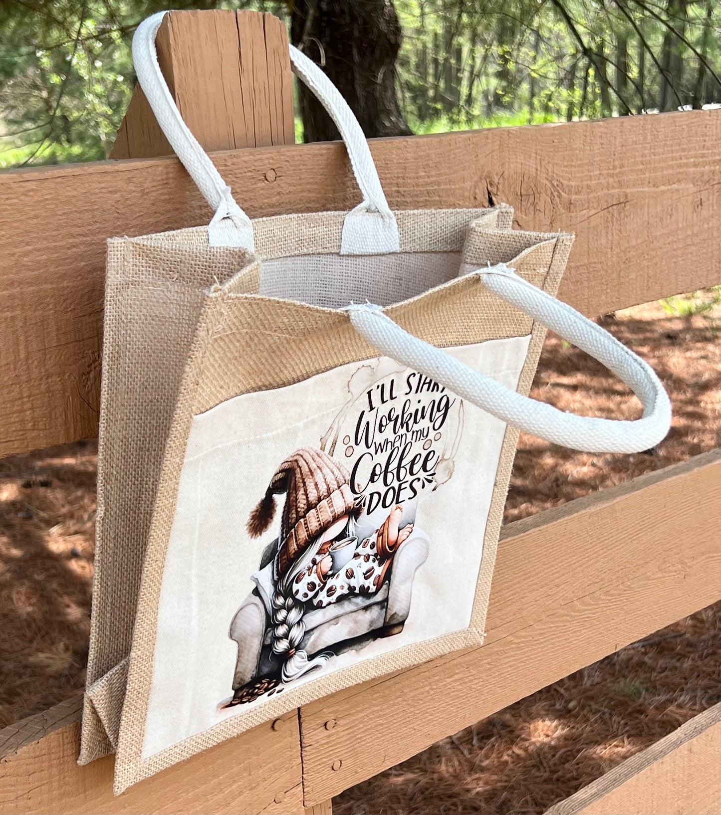 Custom Made Gnome Coffee Jute & Canvas Tote