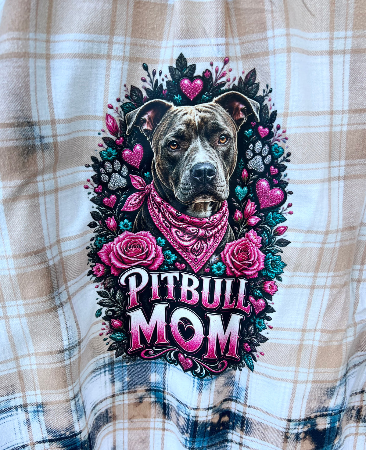 Upcycled Bleach Art Pitbull Mom Flannel - Mens XL Unisex