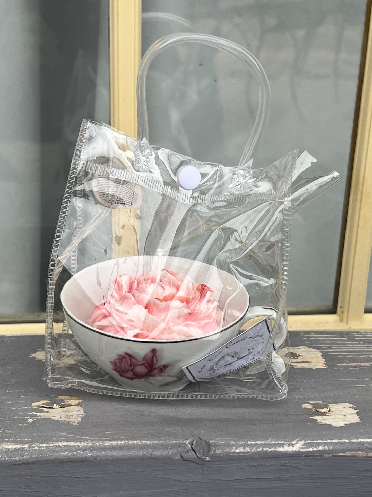 Peppermint Tea Cup Soy Candle w/ 3D Peony Flower